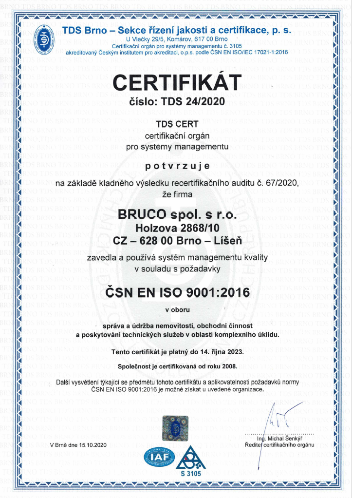 BRUCO - úklidové služby - certifikát ISO 9001